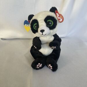 Ty Beanie Baby Ying Panda Glitter Green Eyes PEACE Ukraine Save the Children Tag